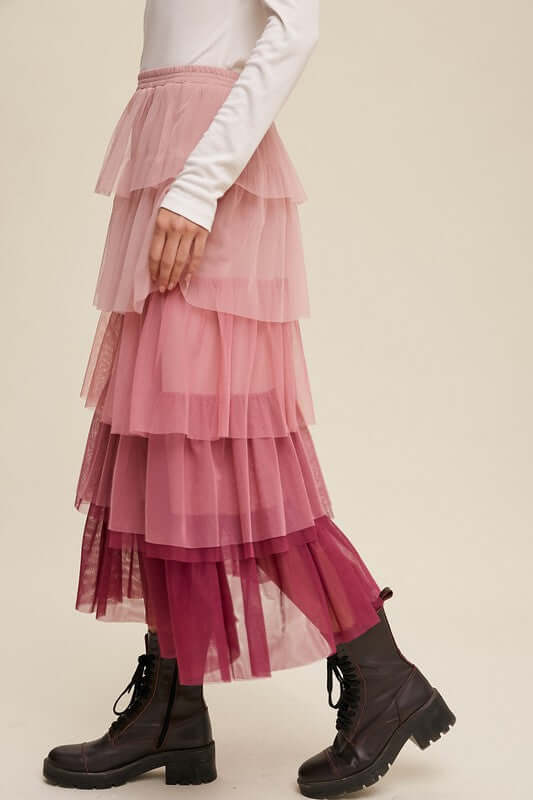 Gradient Style Tiered Mesh Maxi Skirt, Listicle, A Moment Of Now