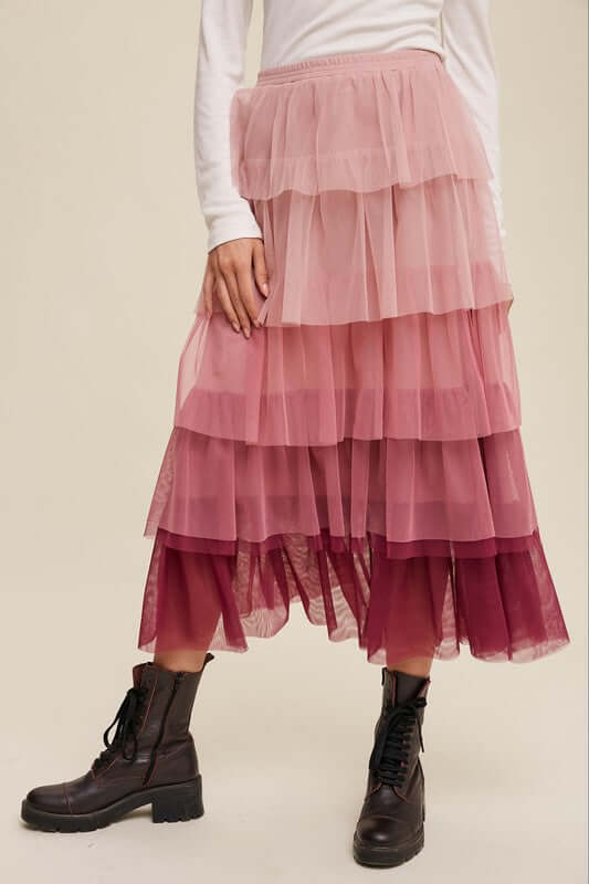 Gradient Style Tiered Mesh Maxi Skirt, Listicle, A Moment Of Now