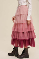 Gradient Style Tiered Mesh Maxi Skirt, Listicle, A Moment Of Now