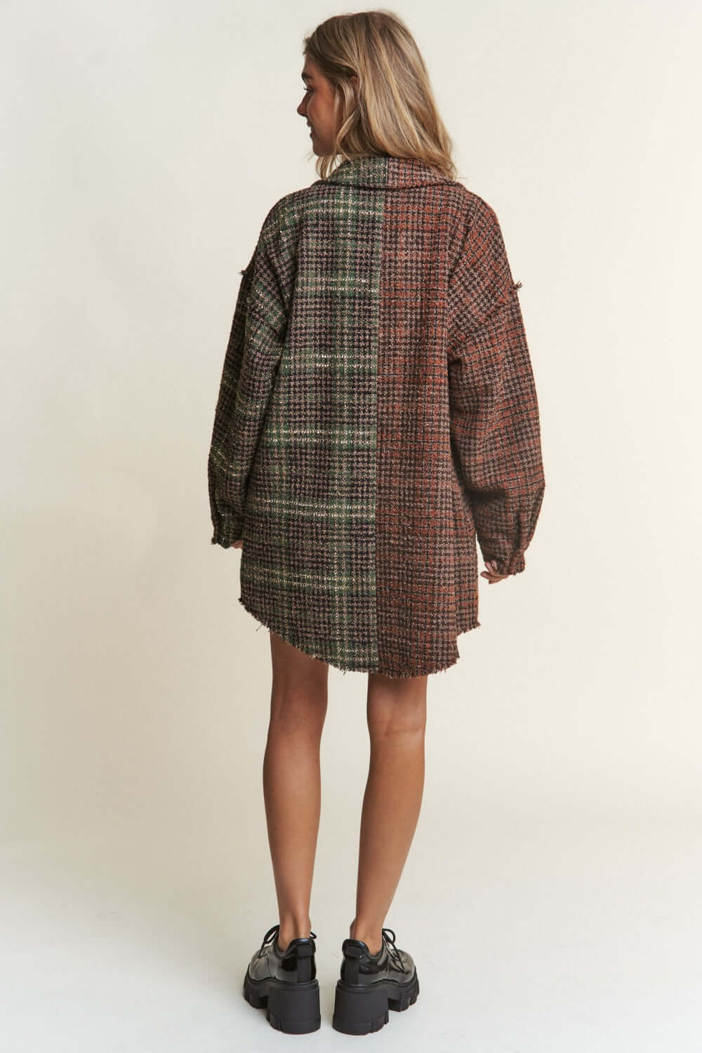 Misty Forest Green Snap Down Tweed Plaid Contrast Longline Shacket, Shackets, $ 72.00, A Moment Of Now™