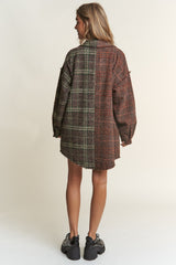 Misty Forest Green Snap Down Tweed Plaid Contrast  Longline Shacket