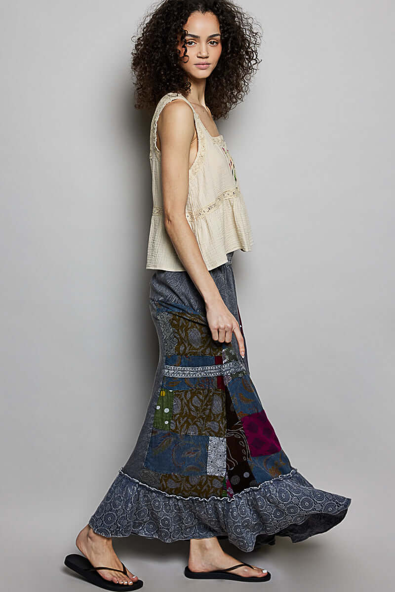 POL Charcoal Printed Patchwork Embroidered Ruffled Maxi Skirt, Skirts, $ 69.00, A Moment Of Now™