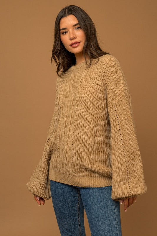 Shop Women's Taupe Balloon Sleeve Braid Knit Sweater | Boutique Clothing, Sweaters, USA Boutique