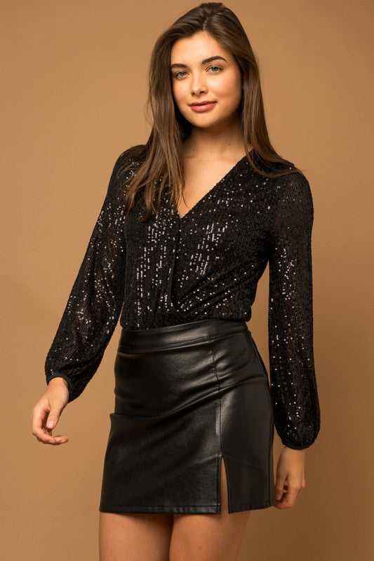 Shop Women's Long Sleeve Sequin Wrap Bodysuit | USA Boutique Online, Bodysuits, USA Boutique