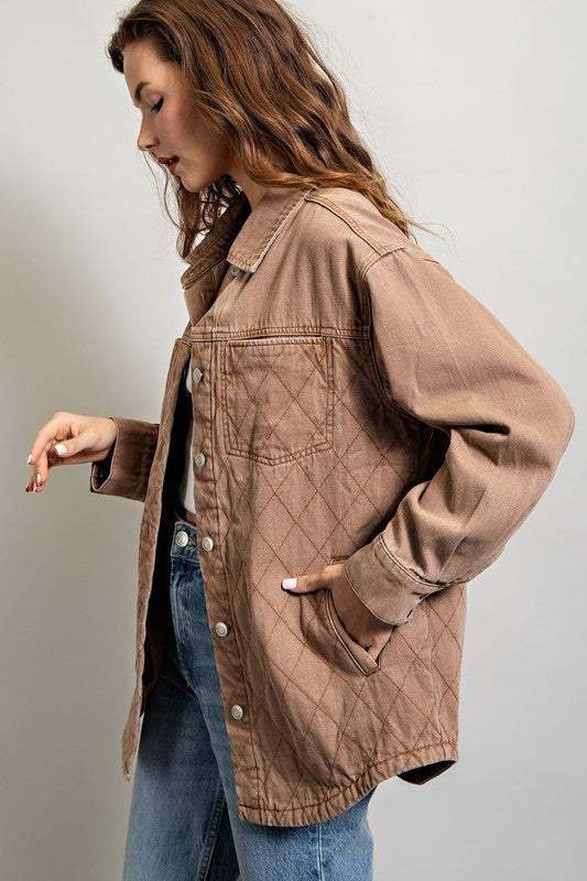 Shop Camel Brown Quilted Button Down Jacket Shacket For Women, Shackets, USA Boutique