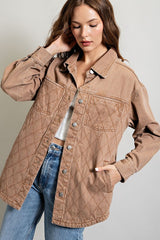 Shop Camel Brown Quilted Button Down Jacket Shacket For Women, Shackets, USA Boutique
