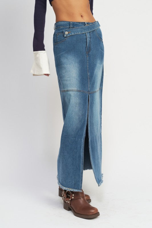 Shop Women's Blue Wash Belt Detail Denim Skirt with Front Slit, Denim Skirts, USA Boutique
