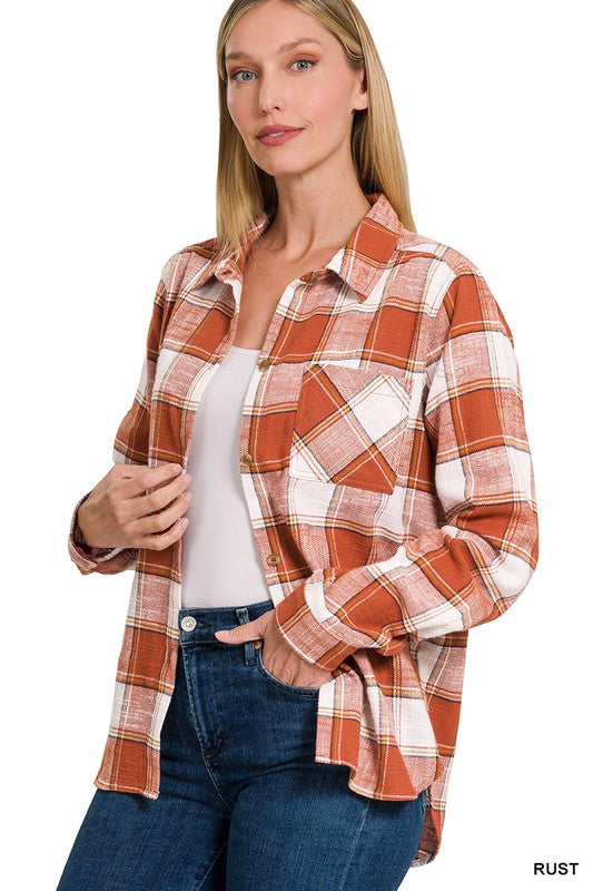 Chic Cotton Plaid Shacket Jacket, ZENANA, $ 52.95