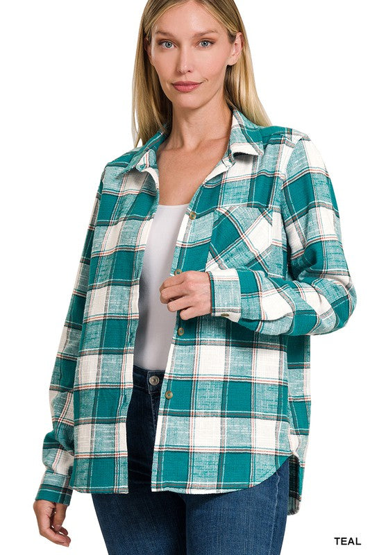 Chic Cotton Plaid Shacket Jacket, ZENANA, $ 52.95