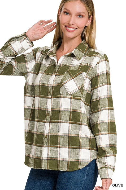 Chic Cotton Plaid Shacket Jacket, ZENANA, $ 52.95