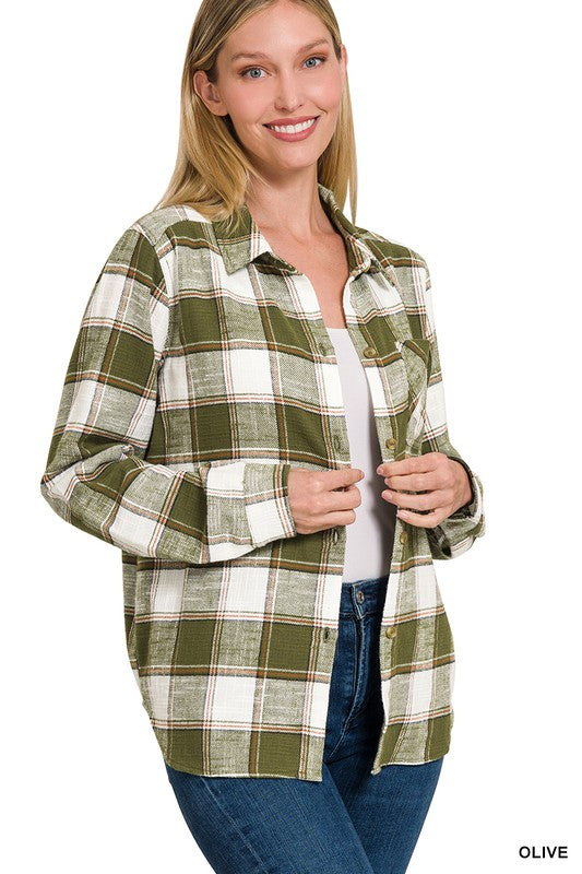 Chic Cotton Plaid Shacket Jacket, ZENANA, $ 52.95