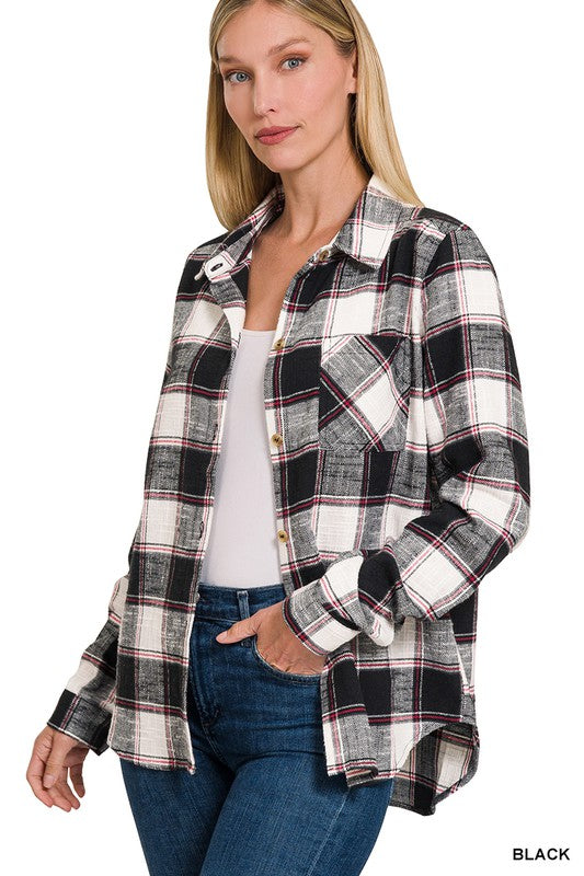 Chic Cotton Plaid Shacket Jacket, ZENANA, $ 52.95