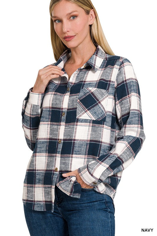 Chic Cotton Plaid Shacket Jacket, ZENANA, $ 52.95