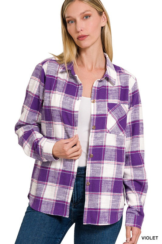 Chic Cotton Plaid Shacket Jacket, ZENANA, $ 52.95