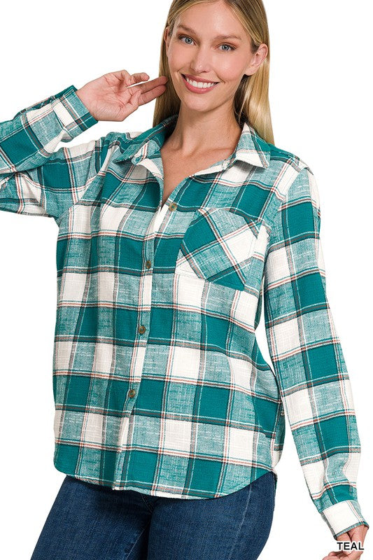 Chic Cotton Plaid Shacket Jacket, ZENANA, $ 52.95