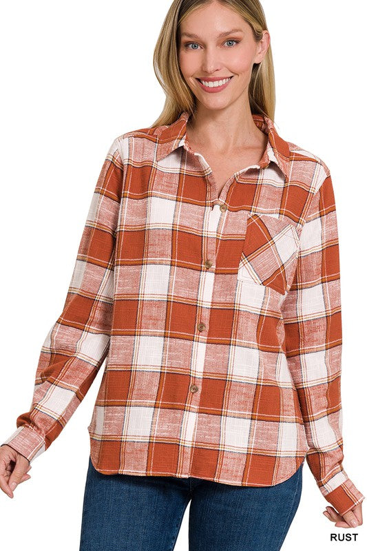 Chic Cotton Plaid Shacket Jacket, ZENANA, $ 52.95