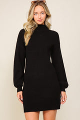 Shop Women's Black Ribbed Balloon Sleeve Sweater Dress | Boutique Clothing, Sweater Dresses, USA Boutique