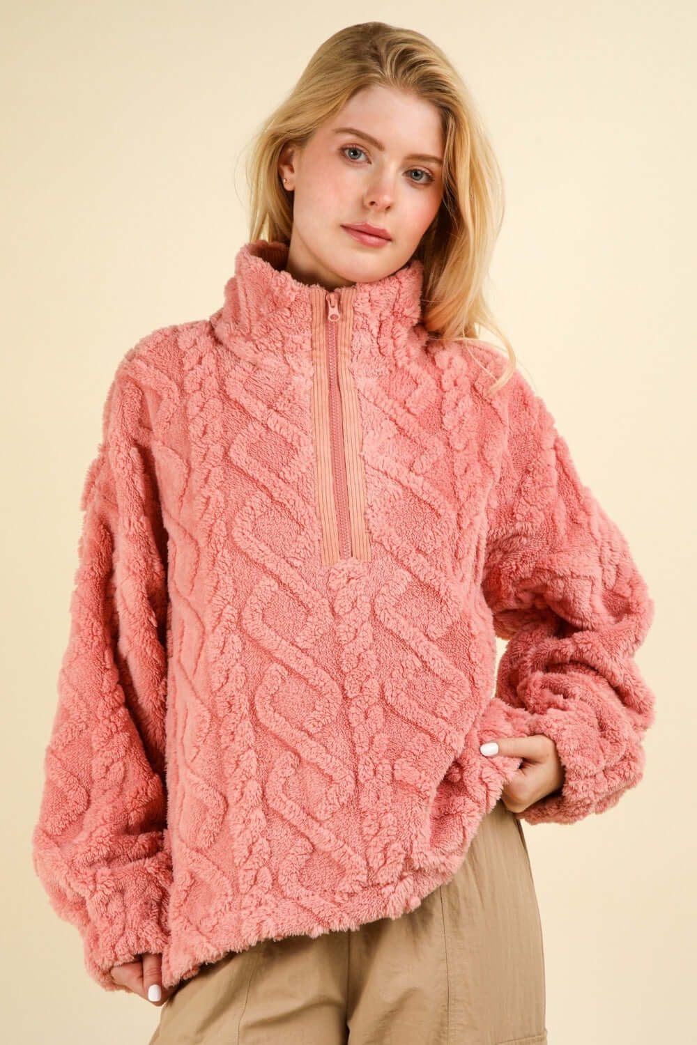 Blush Fuzzy Fleece Half Zip Cable Pattern Sweatshirt