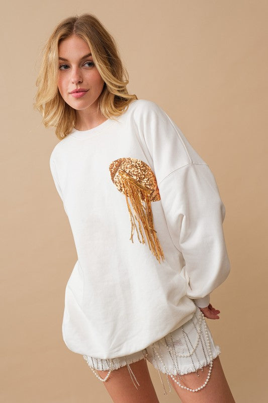 Shop Women's White Fleece Terry Football Sequin Patch Sweatshirt , Sweatshirts, USA Boutique