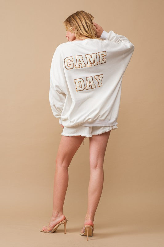 Shop Women's White Fleece Terry Football Sequin Patch Sweatshirt , Sweatshirts, USA Boutique