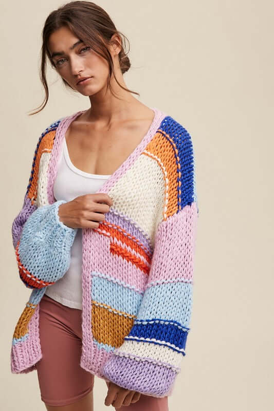 Women's Hand Knit Lavender Multi Striped Cardigan | USA Boutique, Listicle, $ 69.00