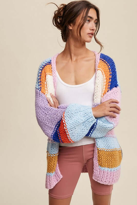 Women's Hand Knit Lavender Multi Striped Cardigan | USA Boutique, Listicle, $ 69.00