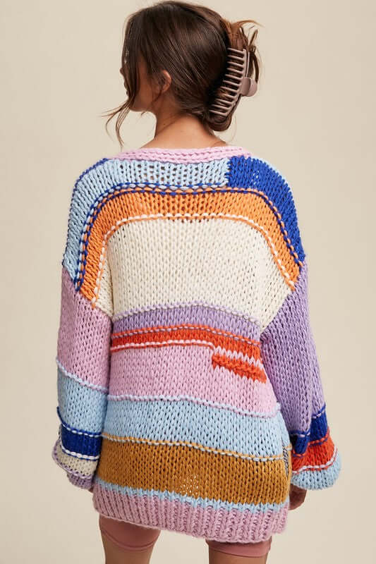 Women's Hand Knit Lavender Multi Striped Cardigan | USA Boutique, Listicle, $ 69.00