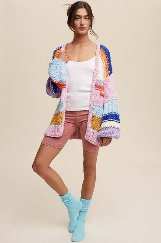 Women's Hand Knit Lavender Multi Striped Cardigan | USA Boutique, Listicle, $ 69.00