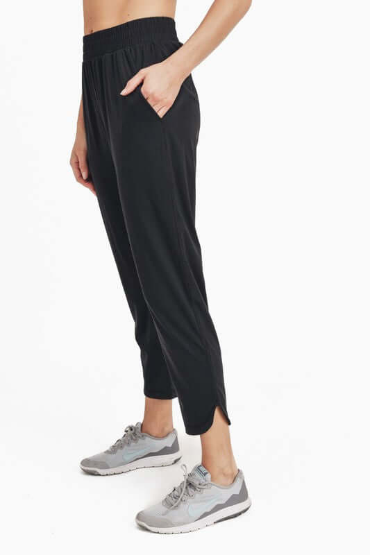 Black Athleisure Joggers with Curved Notch Hem, Mono B, $ 49.95