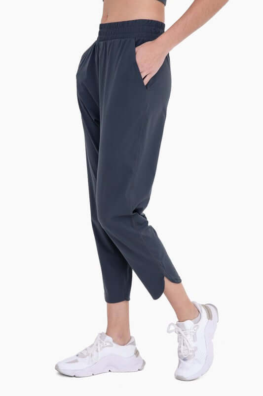 Black Athleisure Joggers with Curved Notch Hem, Mono B, $ 49.95