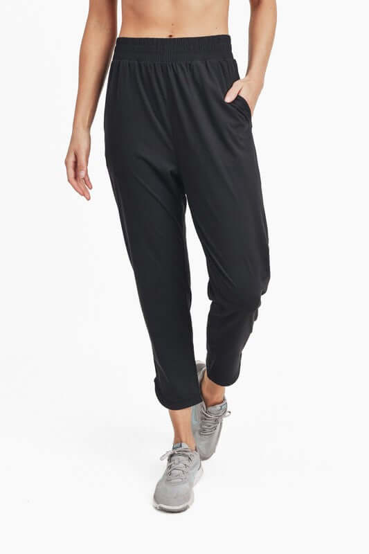 Black Athleisure Joggers with Curved Notch Hem, Mono B, $ 49.95