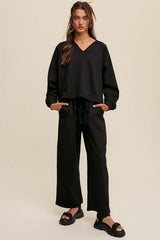 Black V-neck Sweatshirt and Pants Set