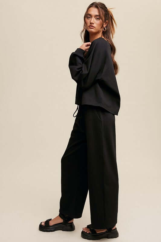 Black V-neck Sweatshirt and Pants Set