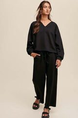 Black V-neck Sweatshirt and Pants Set