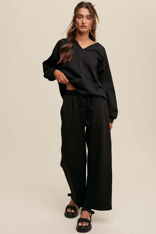 Black V-neck Sweatshirt and Pants Set