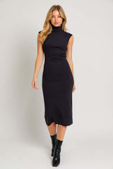 Black Mock Neck Short Sleeve Sweater Midi Dress