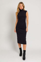 Black Mock Neck Short Sleeve Sweater Midi Dress