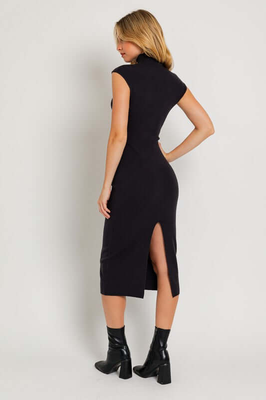 Black Mock Neck Short Sleeve Sweater Midi Dress