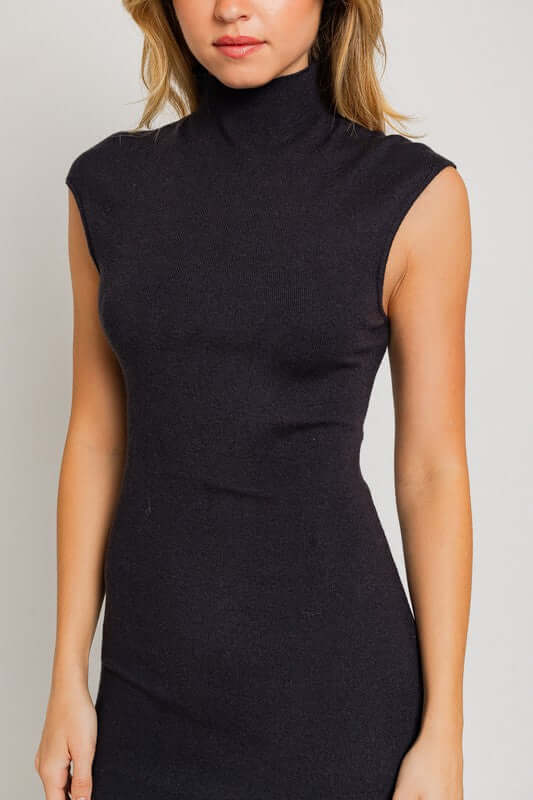 Black Mock Neck Short Sleeve Sweater Midi Dress