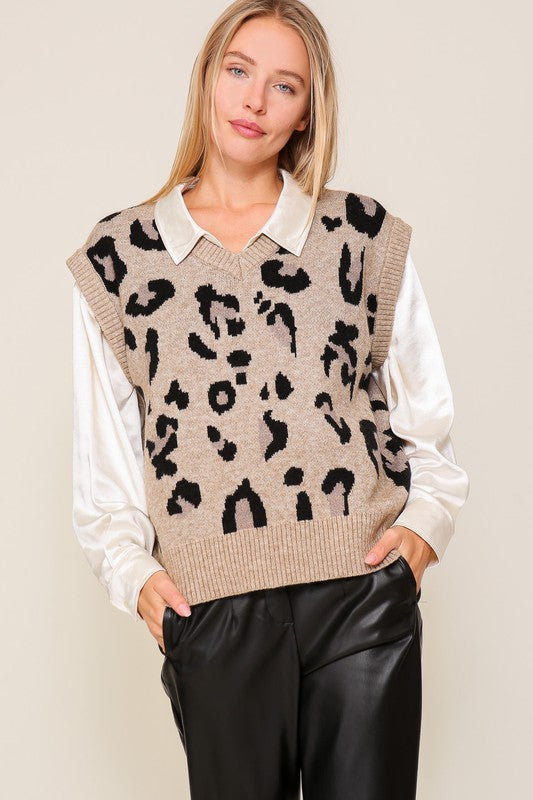 Shop Women's Taupe Black Leopard Sweater Vest | Shop Boutique Clothing, Sweaters, USA Boutique
