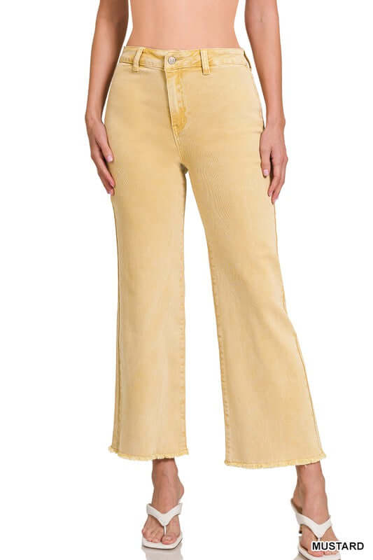 Acid Wash Frayed Cutoff Hem Straight Wide Pants, ZENANA, $ 49.95