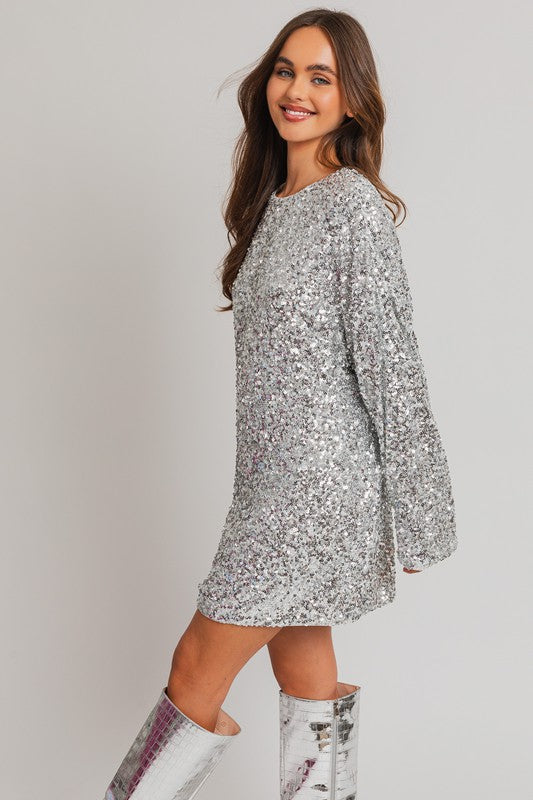 Shop Silver Long Sleeve Sequin Mini Party Dress | Cute Lady Clothing Online, Dresses, USA Boutique