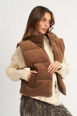 Shop Women's Brown Corduroy Zip Up Puffer Vest | Boutique Fashion Clothing, Puffer Vests, USA Boutique