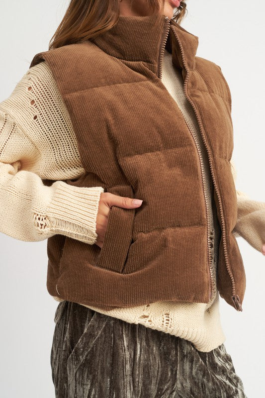 Shop Women's Brown Corduroy Zip Up Puffer Vest | Boutique Fashion Clothing, Puffer Vests, USA Boutique