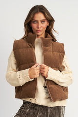 Shop Women's Brown Corduroy Zip Up Puffer Vest | Boutique Fashion Clothing, Puffer Vests, USA Boutique