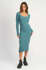 Square Neck Ribbed Midi Sweater Dress in Green / Brown