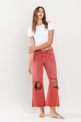 90s Vintage Red Distressed Crop Flare Jeans