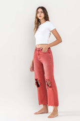 90s Vintage Red Distressed Crop Flare Jeans