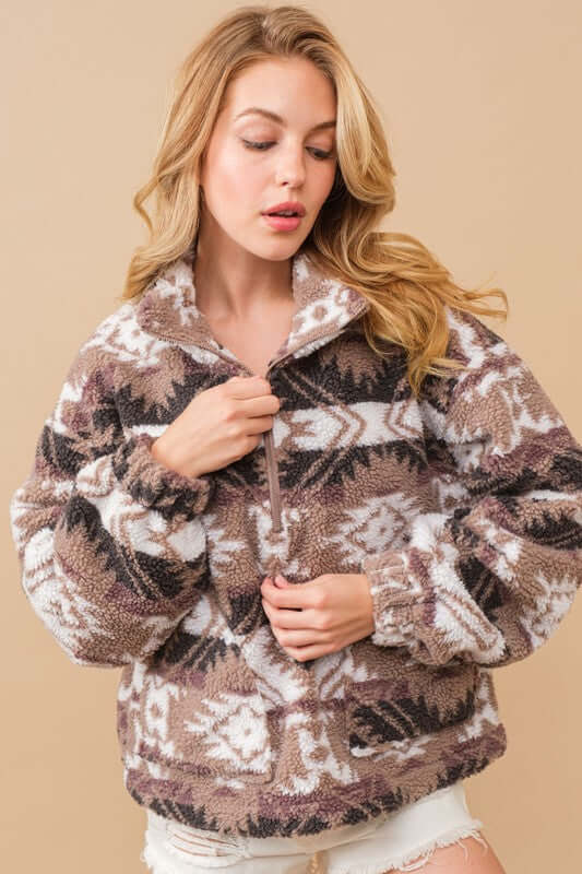 Mocha Aztec Teddy Mock Neck Zip Up Pullover