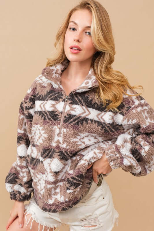 Mocha Aztec Teddy Mock Neck Zip Up Pullover